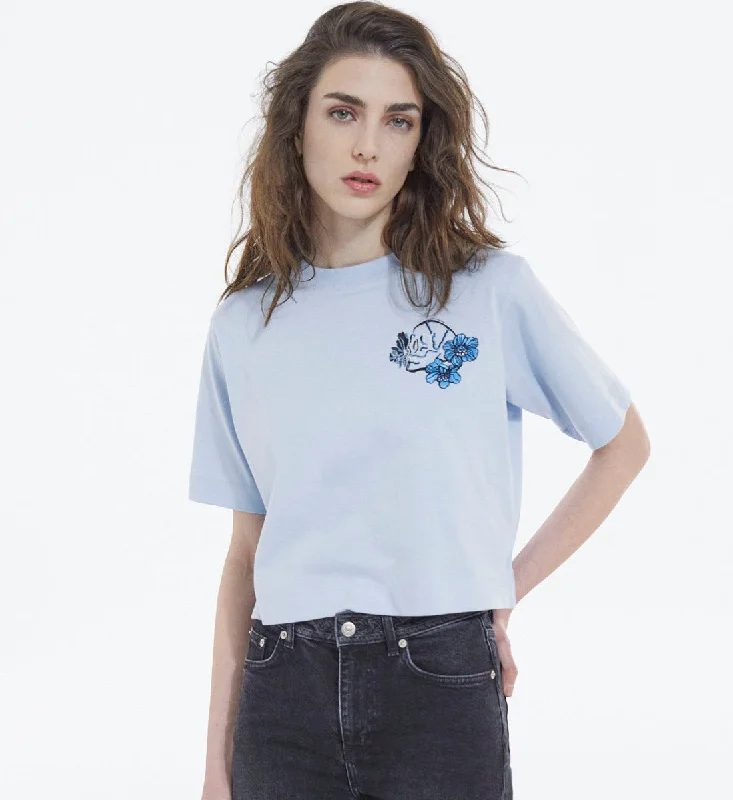 Blue Cotton Embroidered T-shirt W/ Crew Neck