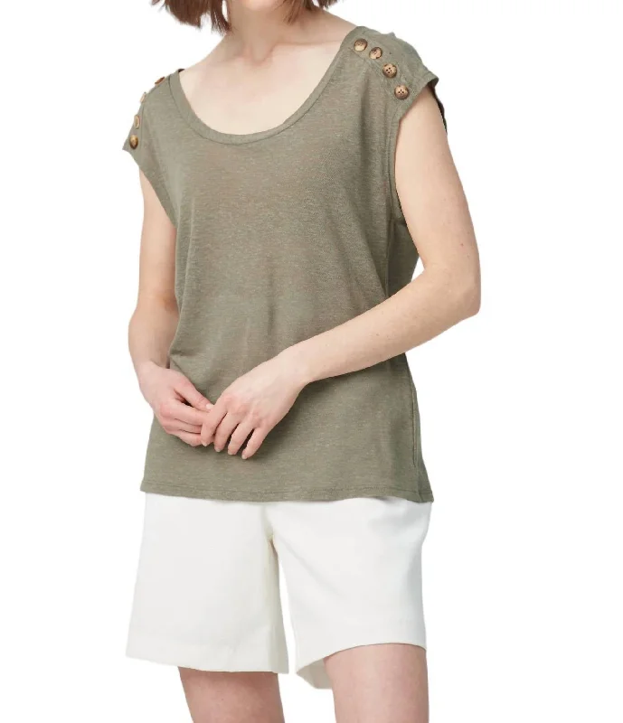 Cap Sleeve Button Detail Top In Olive