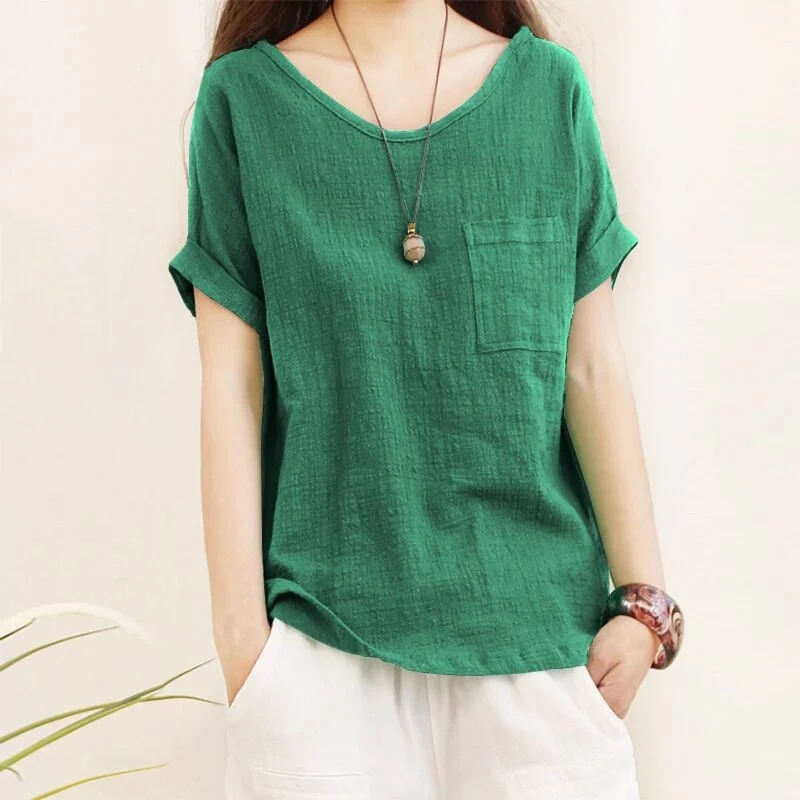 Green Loose Cotton Linen Blouse Oversize 5XL Blouses Women  Summer Shirts Casual Short Sleeve O Neck Solid Shirt Lady Tops