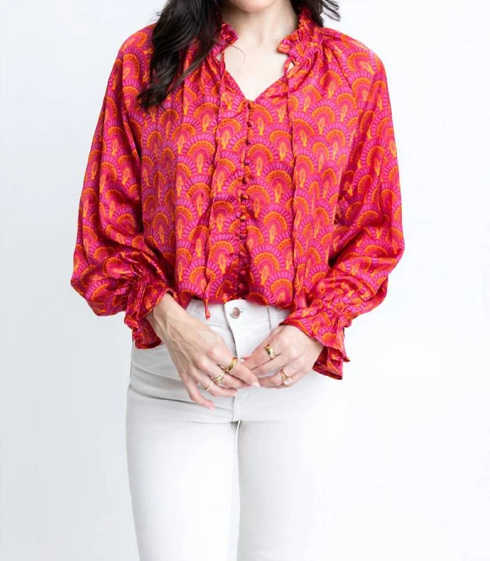 Satin V Neck Top In Vintage Fan