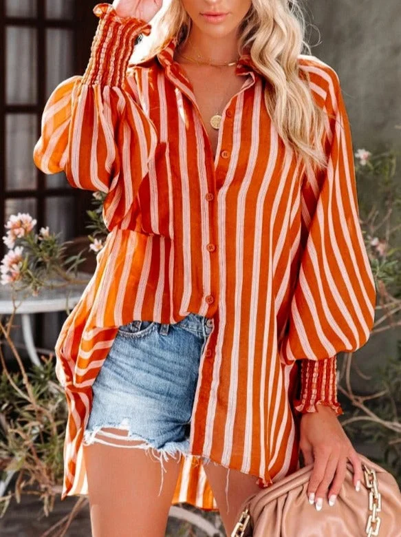 Spring Fall Lantern Sleeve Striped Shirt Blouse Women Lapel Buttons Loose Shawl Cover-Ups Elegant Beach Bikini Cover Up