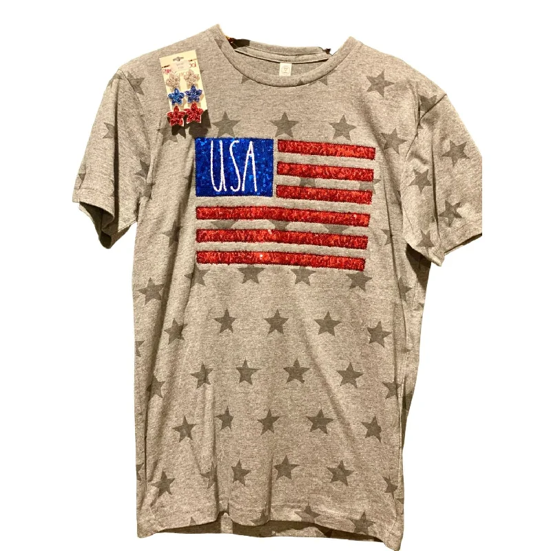 Unisex Usa Patriotic Sequin Flag Sewn Tee In Heather Grey