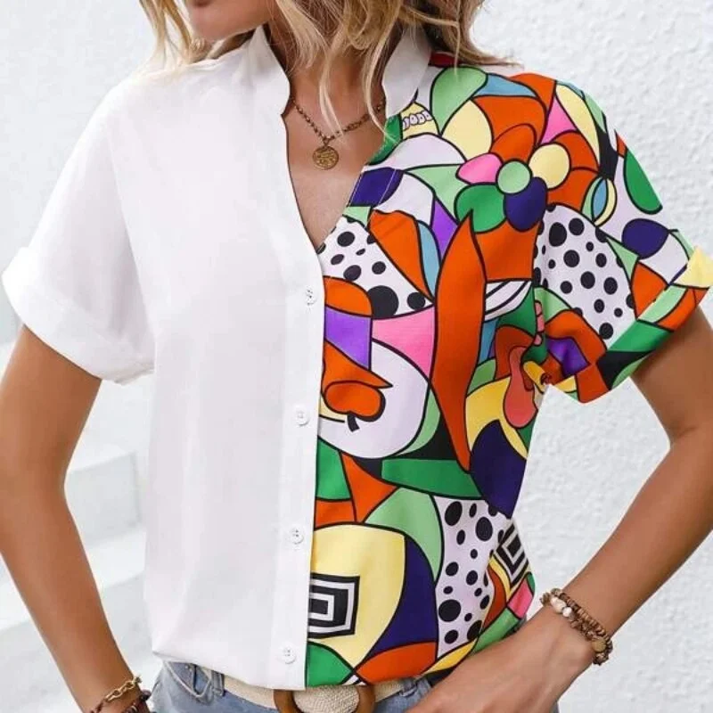 Women Tops Fashion Patchwork Color Shirt  New Summer Short Sleeve Blouse V-neck Casual Loose Clothes Blusa Mujer 26456