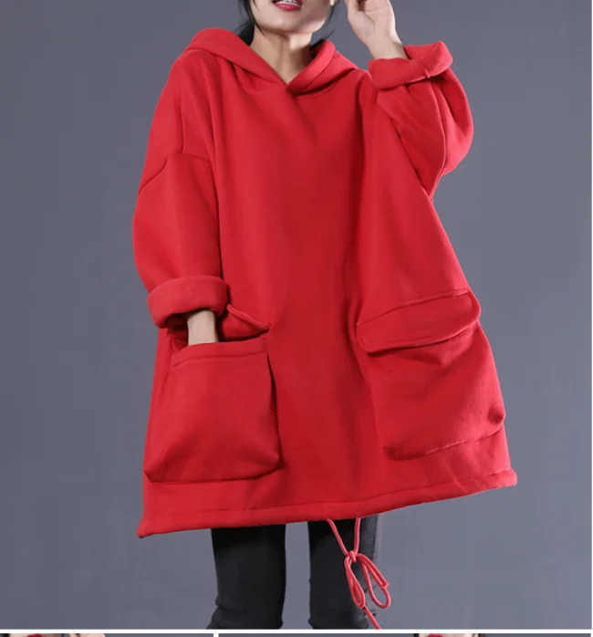 A-Line Hooded Loose Fall Women Cotton Tops Women Blouse H9506RED