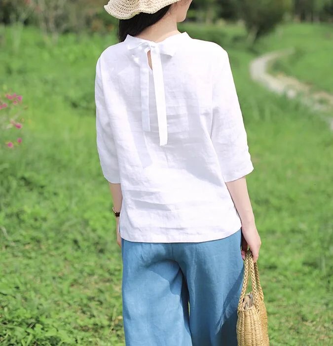 White Linen Blouse Simple Style Shirts Summer Tops  SMM9508