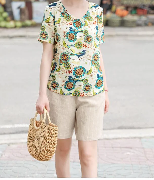 Floral  Linen Blouse Simple Style Shirts Summer Tops  SMM9508