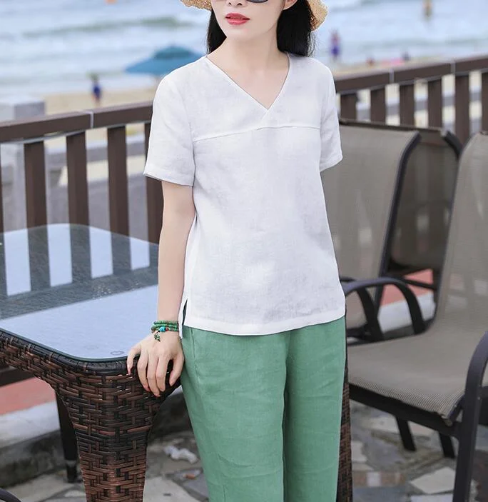 White V Neck Orange Linen Blouse Simple Style Shirts Summer Tops  SMM9508