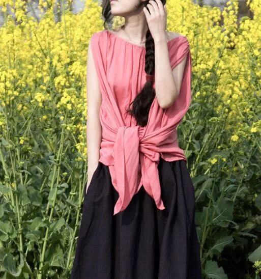 Women Summer Silk Cotton Tops Asymmetric Pink Blouse Sleeves Loose Style H9508