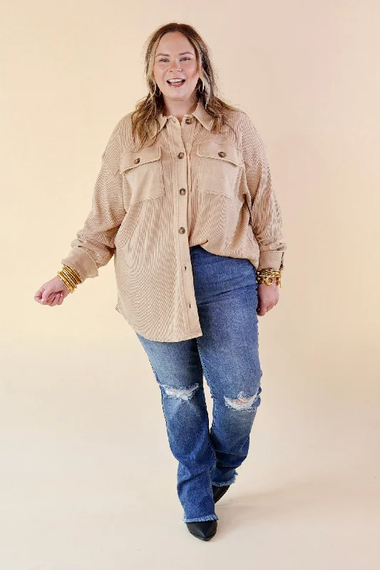 A Place To Unwind Button Up Waffle Knit Shacket in Cream