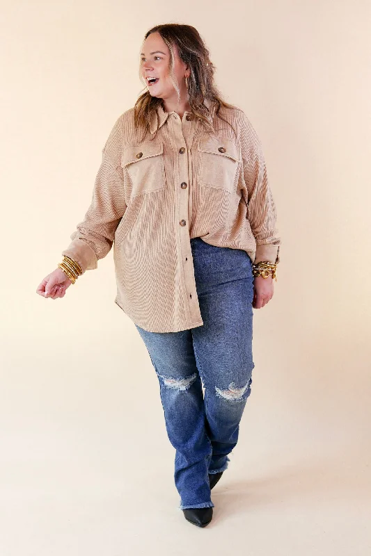 A Place To Unwind Button Up Waffle Knit Shacket in Cream