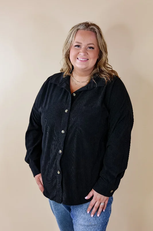 Plus Sizes | Captivating Cuteness Corduroy Button Up Shacket in Black