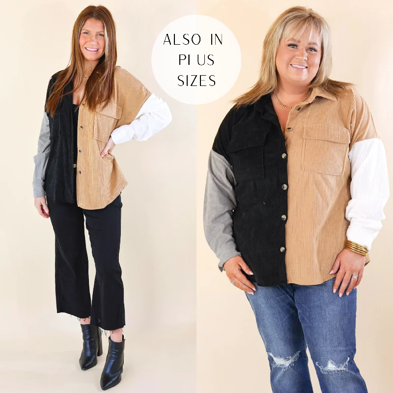 Cozy Perk Button Up Color Block Corduroy Shacket in Black and Tan