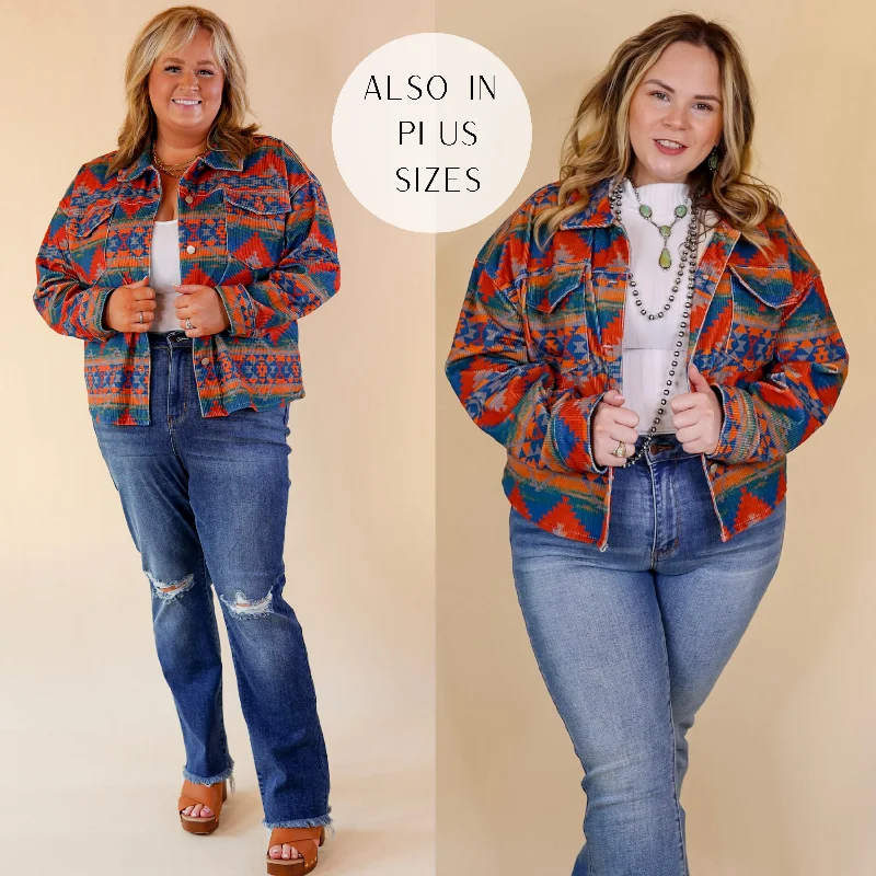 Edgy and Chic Button Up Corduroy Aztec Print Jacket in Red and Blue