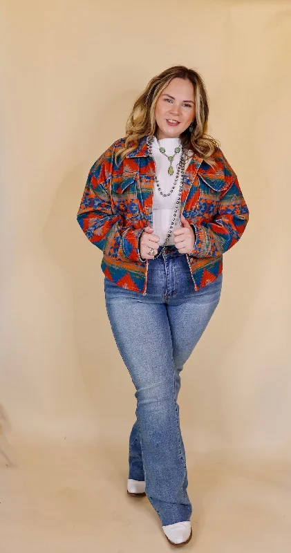 Edgy and Chic Button Up Corduroy Aztec Print Jacket in Red and Blue