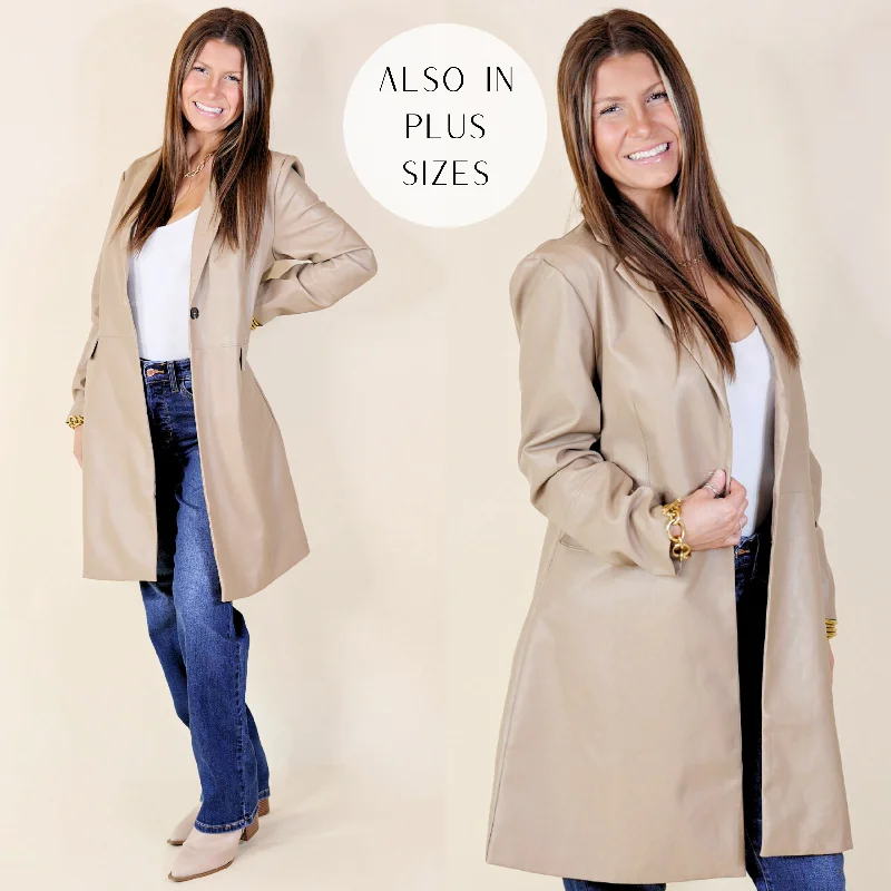 Espresso Run Long Faux Leather Coat with Button Front in Taupe