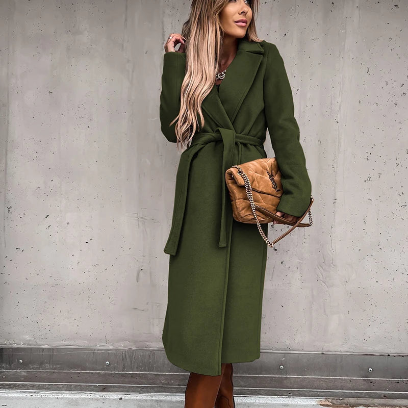 Warm Long Women Woolen Coat with Belt Casual Elegant Solid Color Female Windbreakers Overcoat