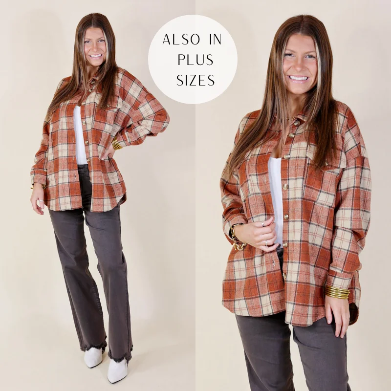 Kindness Everywhere Button Up Plaid Shacket in Burnt Orange