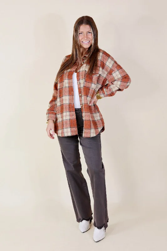 Kindness Everywhere Button Up Plaid Shacket in Burnt Orange