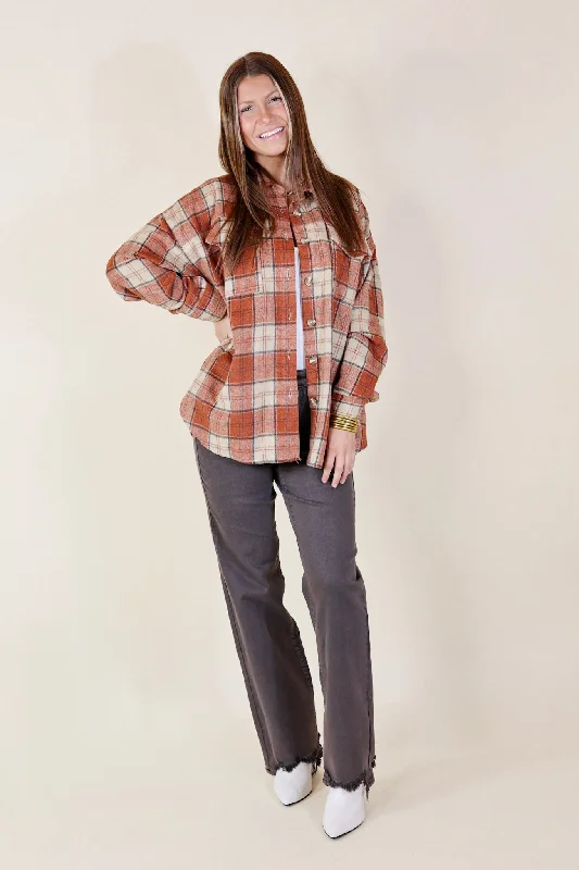 Kindness Everywhere Button Up Plaid Shacket in Burnt Orange