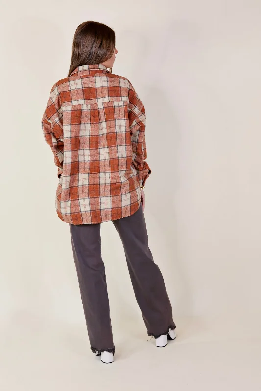 Kindness Everywhere Button Up Plaid Shacket in Burnt Orange