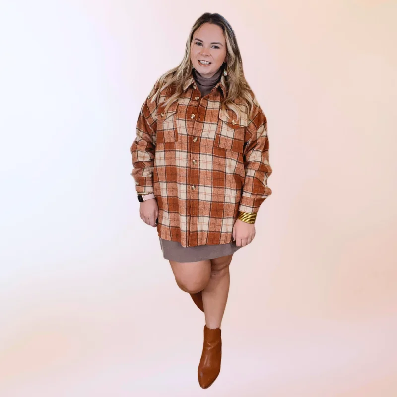 Kindness Everywhere Button Up Plaid Shacket in Burnt Orange