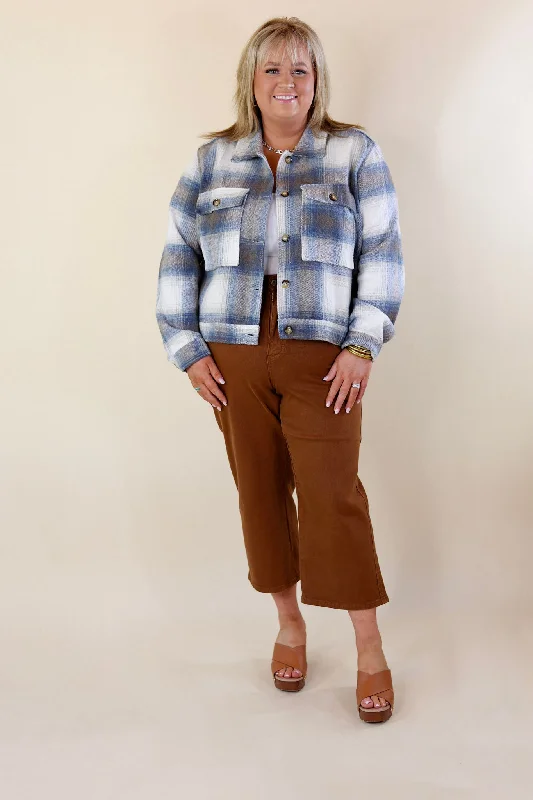 Lost In the Redwoods Button Up Cropped Plaid Jacket in Blue Mix