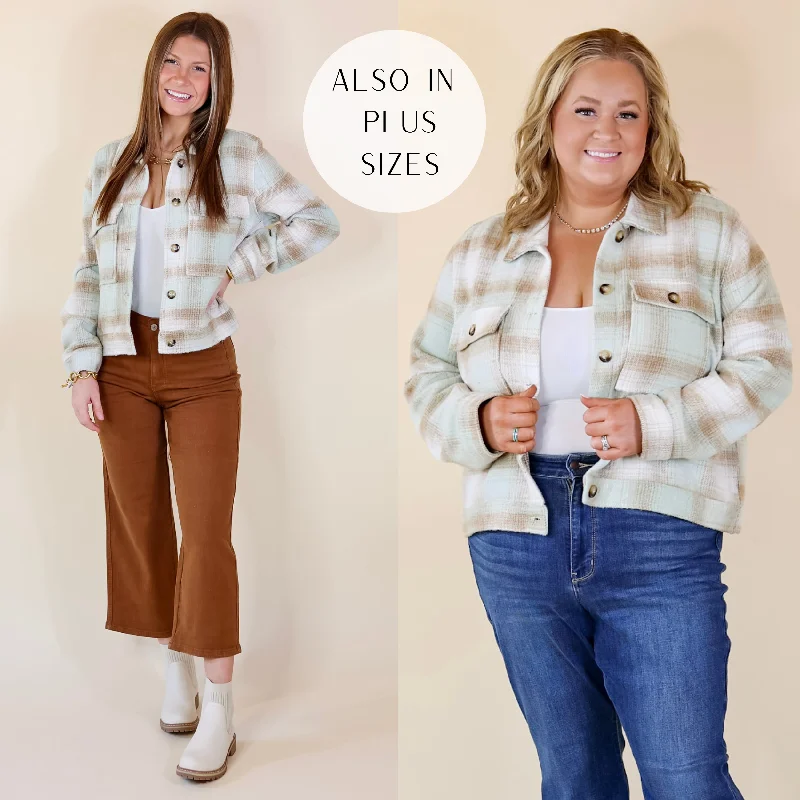 Lost In the Redwoods Button Up Cropped Plaid Jacket in Pistachio Mix