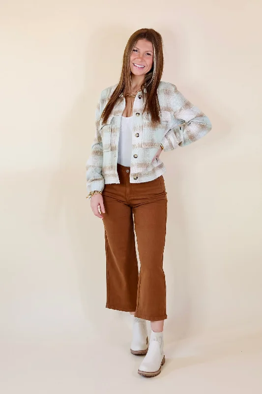 Lost In the Redwoods Button Up Cropped Plaid Jacket in Pistachio Mix