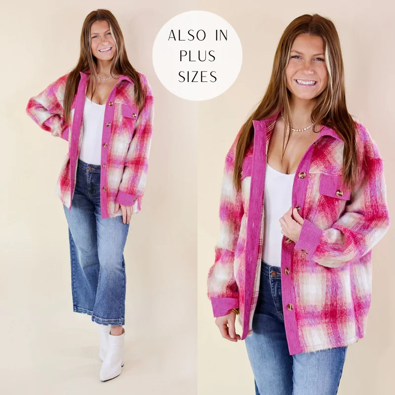 Mountain Retreat Plaid Fleece Jacket with Corduroy Trim in Pink