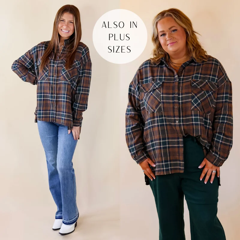 My Next Move Button Up Plaid Flannel Top in Mocha Brown