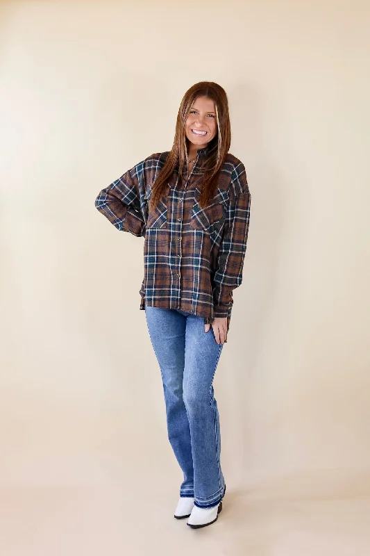 My Next Move Button Up Plaid Flannel Top in Mocha Brown