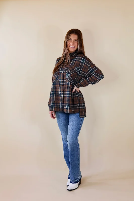 My Next Move Button Up Plaid Flannel Top in Mocha Brown