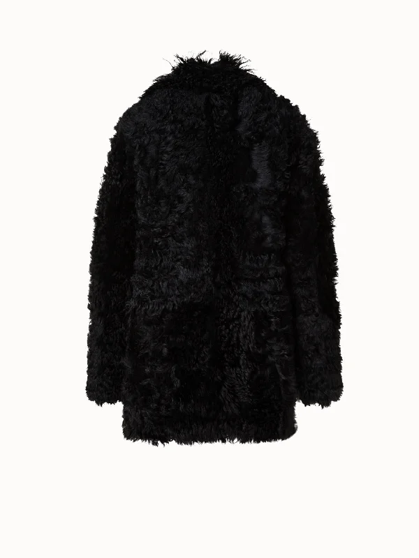 Short Shearling Leather Coat with Snap Closure