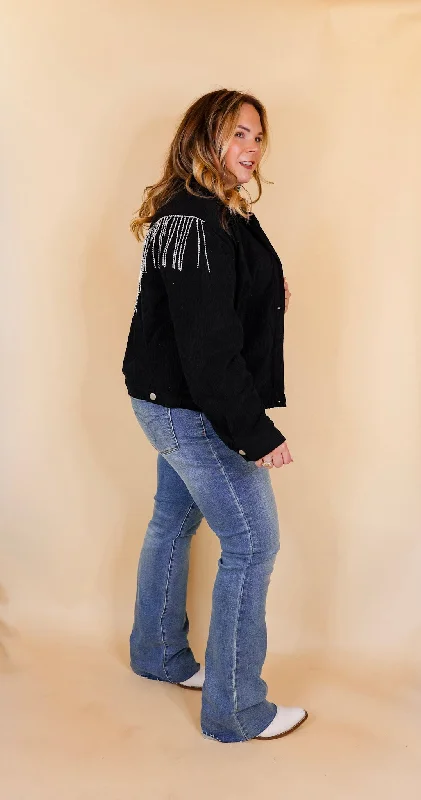 Signature Moves Button Up Corduroy Jacket with Crystal Fringe Back in Black