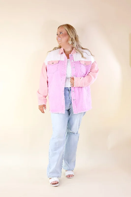 Style Mentor Color Block Button Up Jacket in Coral and Pink