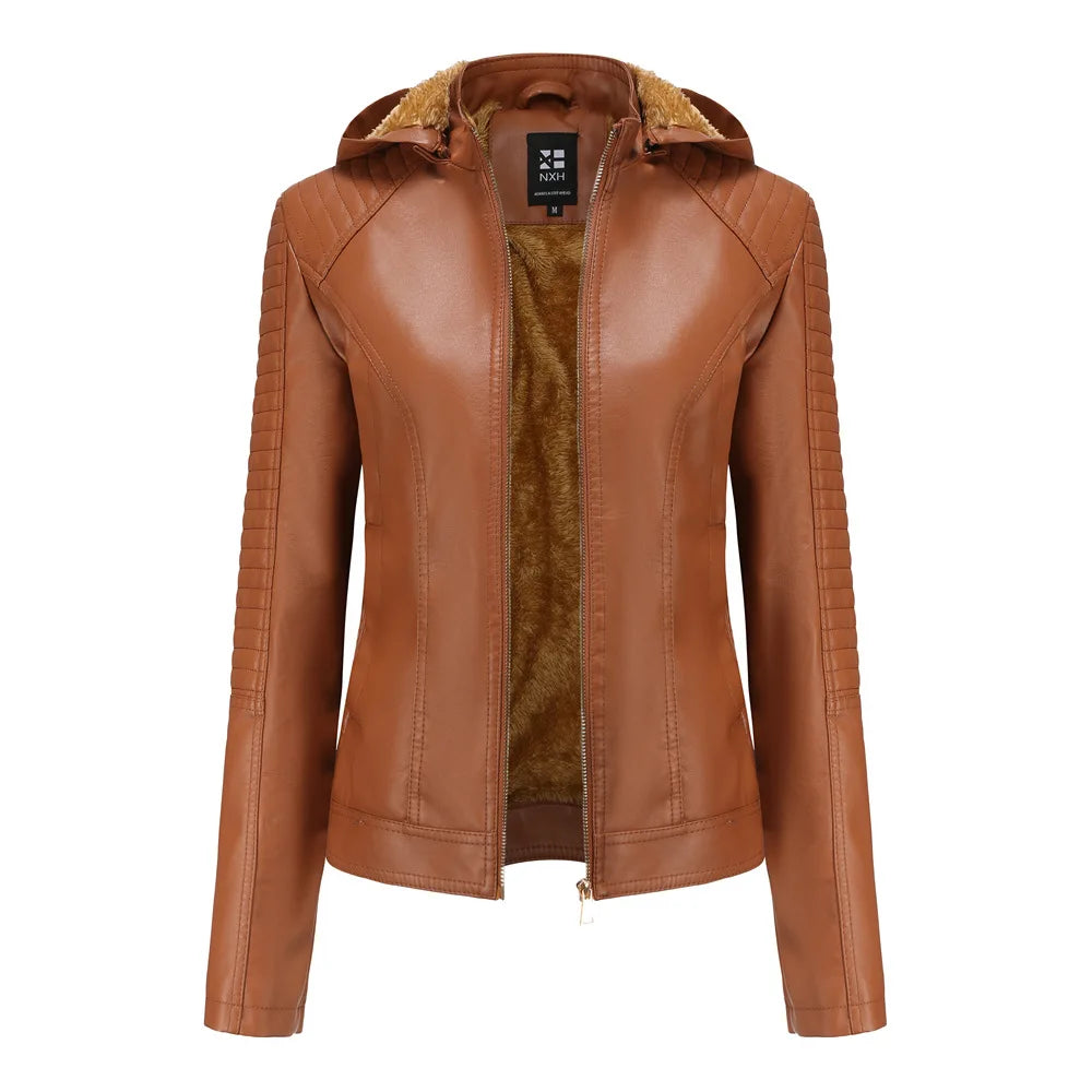 Women's Fleece Hooded Long Sleeve Leather Jacket