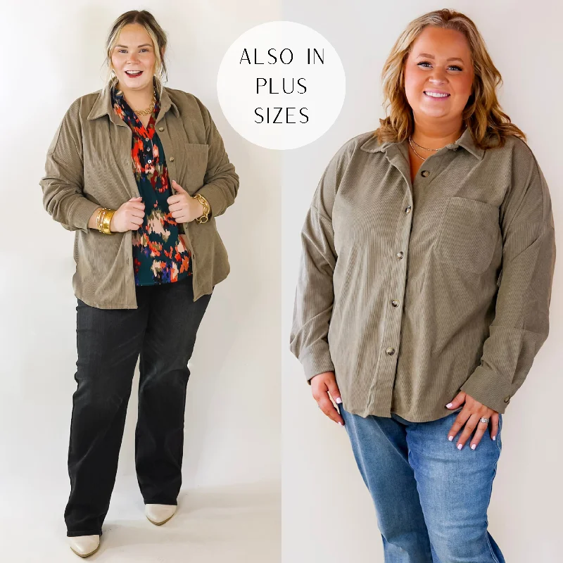 Captivating Cuteness Corduroy Button Up Shacket in Olive Green