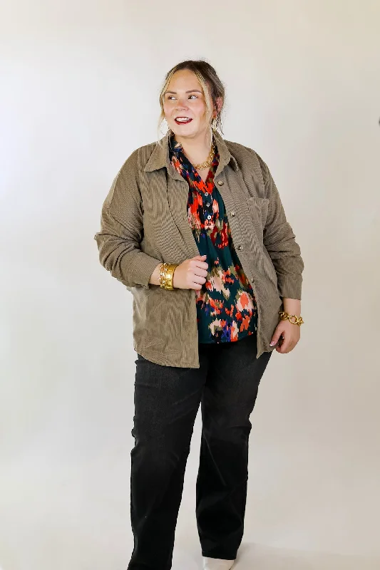 Captivating Cuteness Corduroy Button Up Shacket in Olive Green