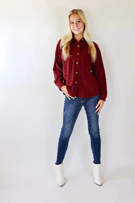 Captivating Cuteness Corduroy Button Up Shacket in Maroon