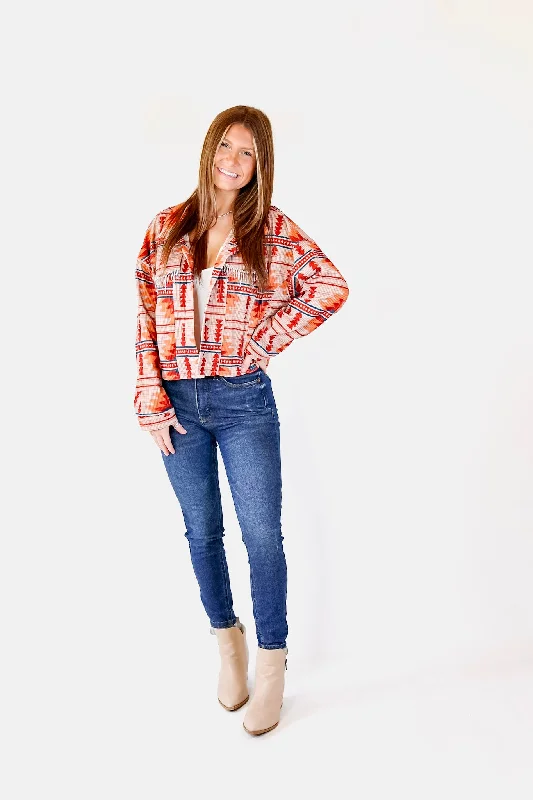 Chic Discovery Button Up Corduroy Aztec Print Jacket with Crystal Fringe in Orange Mix