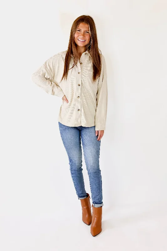 Captivating Cuteness Corduroy Button Up Shacket in Cream