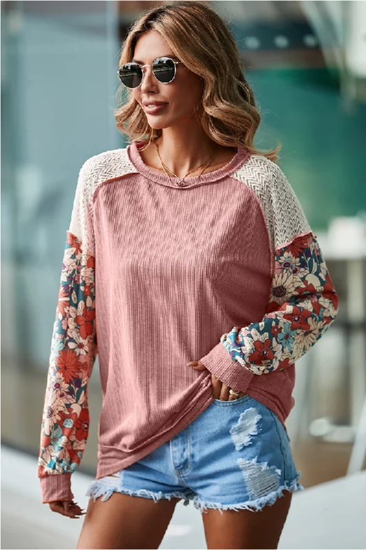 Floral Patchwork Puff Sleeve Textured Blouse