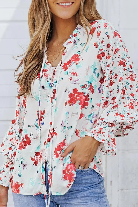 Red Floral Smocked Blouse