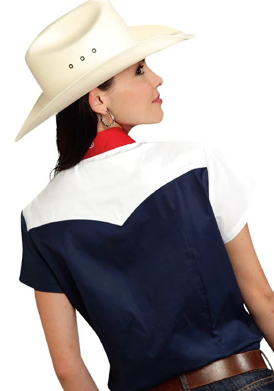 Roper Americana Ladies Blue 100% Cotton Colorblock S/S Flag Western Shirt