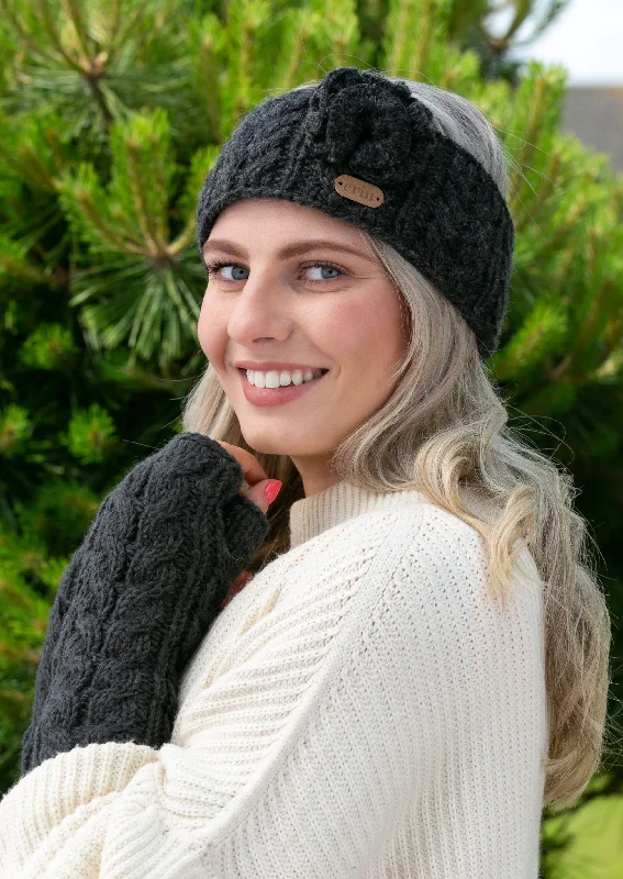 Aran Cable Knitted Wool Flower Headband | Charcoal