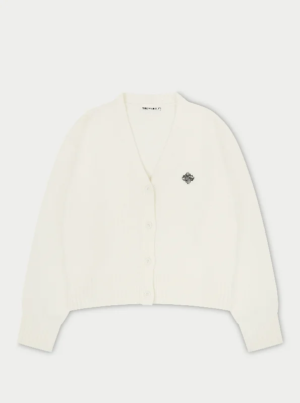 FLUFFY KNIT EMBLEM CARDIGAN - OFF WHITE