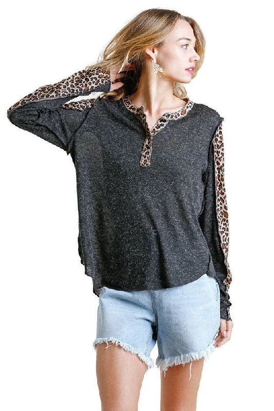 Leopard Trimmed Snap Front Top, Charcoal