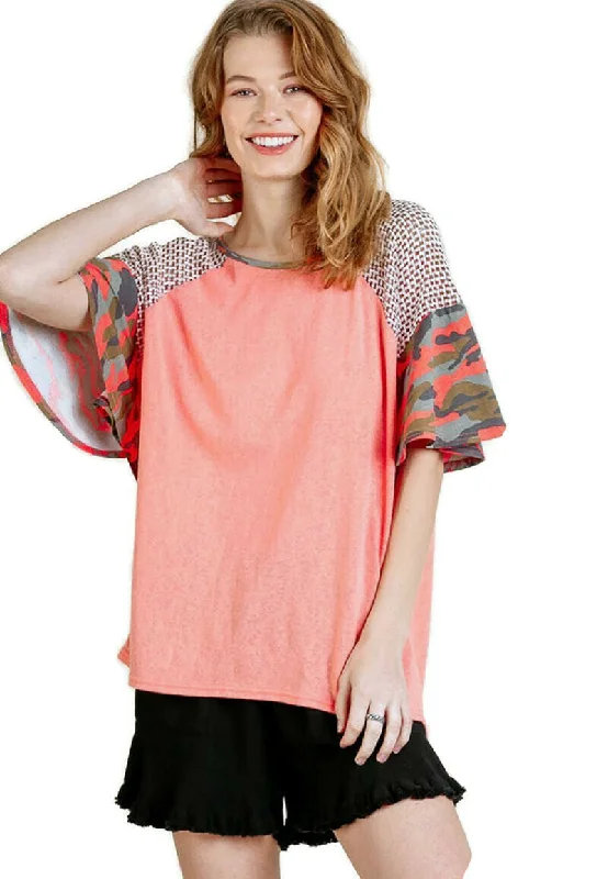 Camo Bell Sleeve Top, Peach