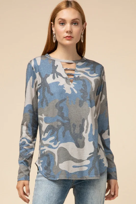 Camo Keyhole Top, Blue