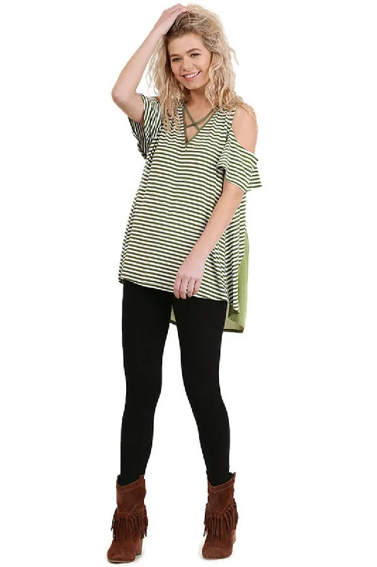 Cold Shoulder Striped Top, Olive